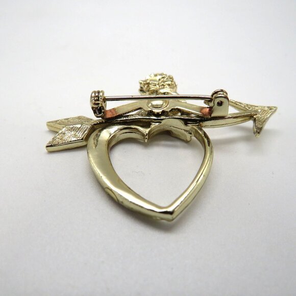 Valentine Brooch Cupid Heart Arrow Gold Tone Pin Red Rhinestones Love - Picture 9 of 12